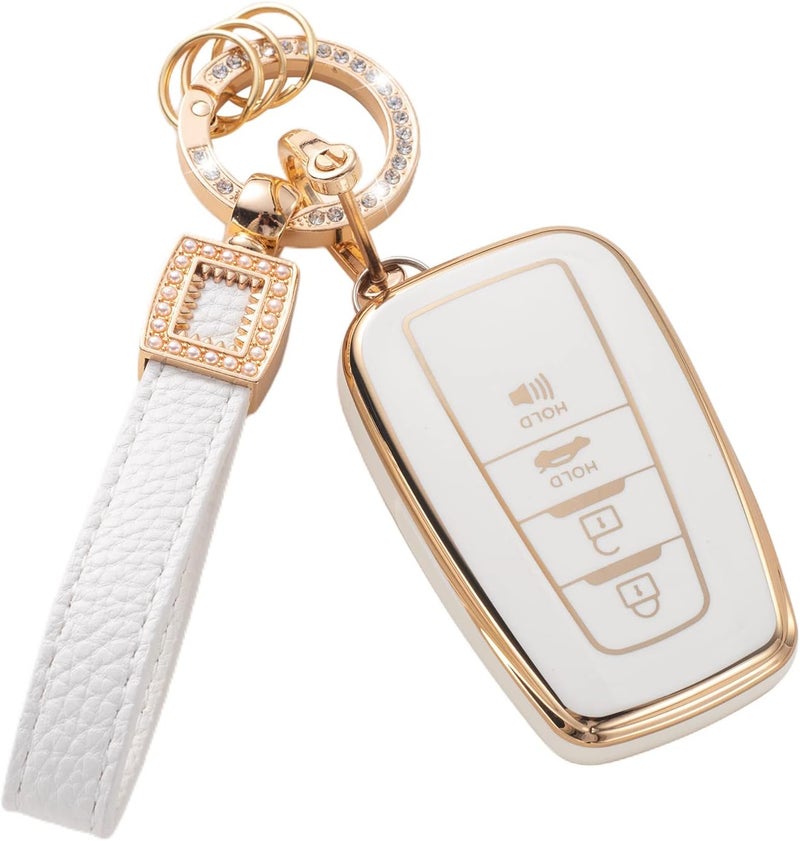 CACARLIKE for Toyota Key Fob Cover with Leather Lanyard, Car Key Fob Case Compatible with 2018-2022 Camry RAV4 Highlander Avalon C-HR Prius Corolla GT86 Smart Key Protector Holder - Image 1